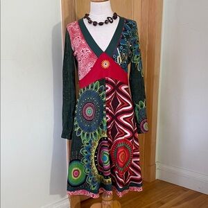 DESIGUAL Colorful Long Sleeve Midi Cotton Dress, Size L